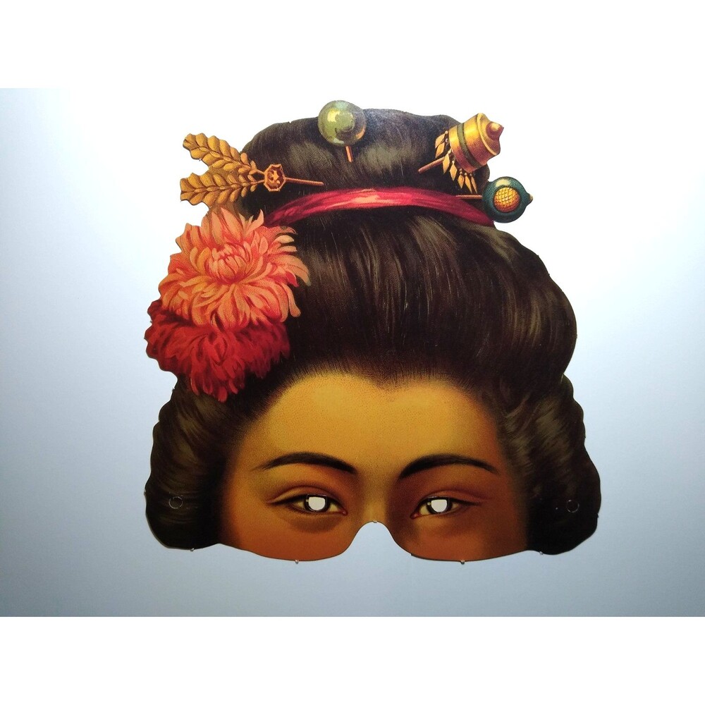 Vintage Asian Woman Paper Mask Geisha Costume Eye Mask Floral Hair Halloween